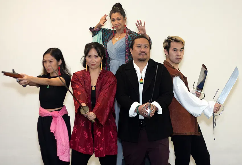 The cast of She Devil of the China Seas: Anna Saephan, Kristine Ota, Van Lang Pham, and Aaron Jin, in front of Eloisa Cardona – Photo courtesy of Pork Filled Productions